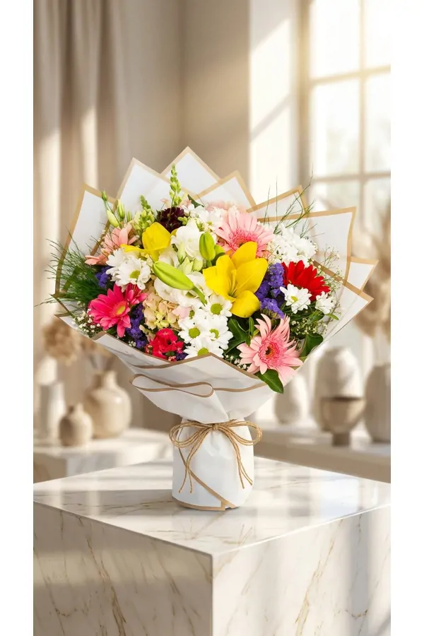 Rengarenk Kır Çiçekleri ve Sarı Lilyum Buketi